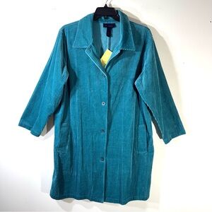 Denim & Co Coat Duster Teal Corduroy Long Line Button Collared NWT